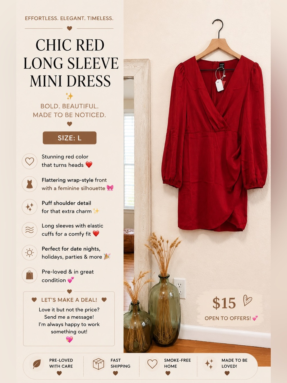 SHEIN Red Wrap-Style Long Sleeve Mini Dress